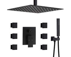 Douchesysteem Vierkant - Regendoucheset Luxe - Badkamer Verbouwen - Zes Massage Jets - 12 Inch - Mat Zwart