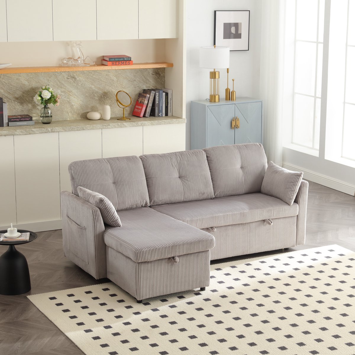 Wishdor - Slaapbank - Uitschuifbaar En Met Opbergruimte - Modulair - Voor Woonkamer - Corduroy - Lichtgrijs - 206x108x66 Cm
