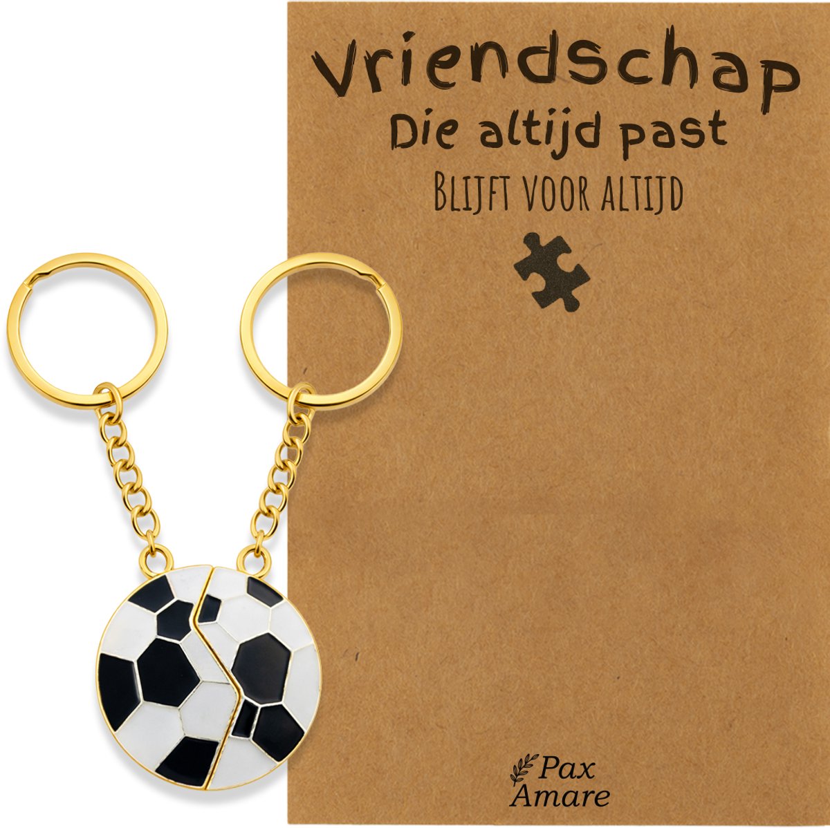 BFF Sleutelhanger voor 2 'Vriendschap die altijd past' - Magnetische Voetbal - Sleutelhanger set op Cadeau Kaartje - Goudkleurig - Vriendschap Symbool - Pax Amare
