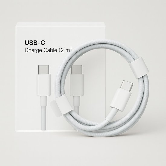 Een witte USB-C oplaadkabel van 2 meter, opgerold, met een verpakking erop.