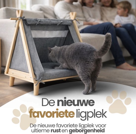 Grijze dieren tent op poten met een kat die naar binnen gaat. "De nieuwe favoriete ligplek" staat groot geschreven.