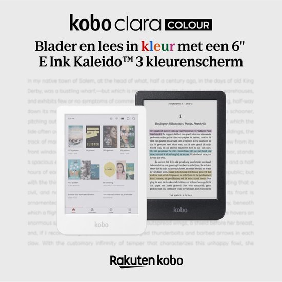 Witte Kobo e-reader met een kleurenscherm, toont boeken en tekst.