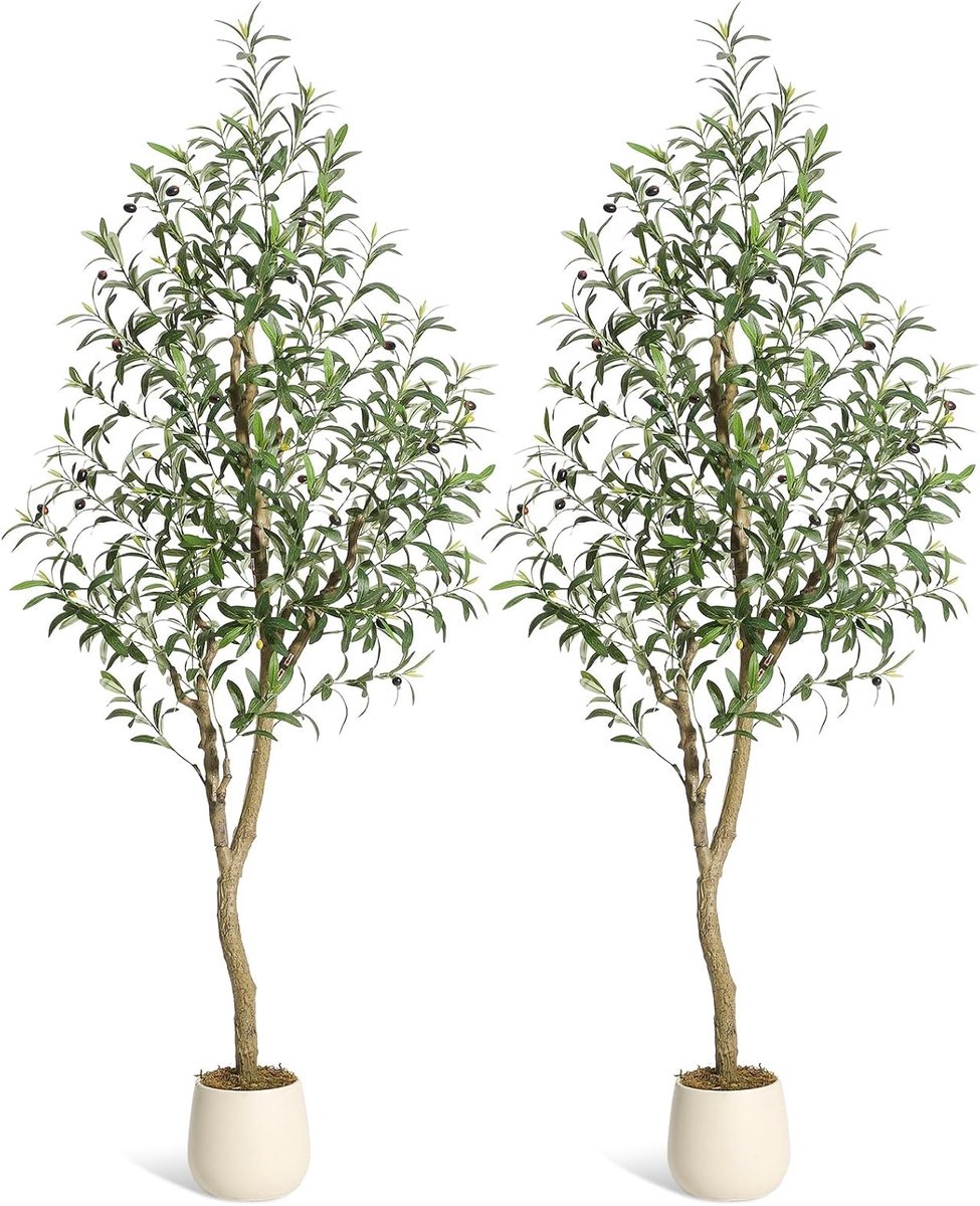 Groene planten - Kunstplanten - Set van 2 kunstolijfbomen van 1,8 meter hoog - Kunstolijfbomen in pot - Kunstplanten met een stam van natuurlijk hout en levensechte vruchten - 180 × 45 × 45 cm - Set van 2 stuks