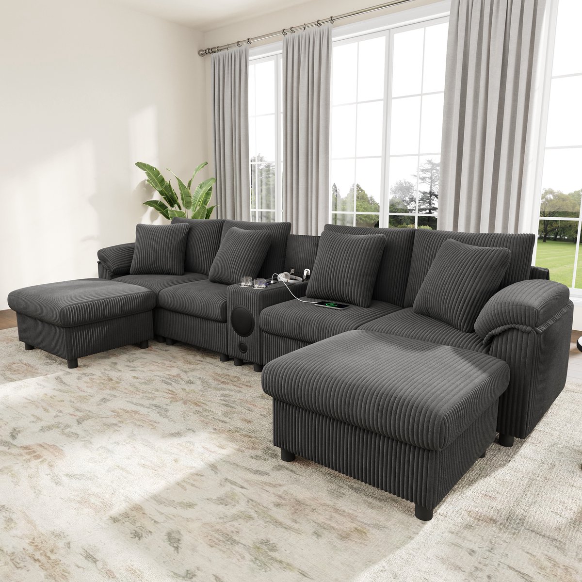U-Bank Modulaire U- en L-vormige Corduroy Bank met Bluetooth-luidspreker en Console, L-Bank Hoekbank met Opbergruimte, Draadloos Opladen, USB-poorten, Bekerhouders en Kussens, Grijs