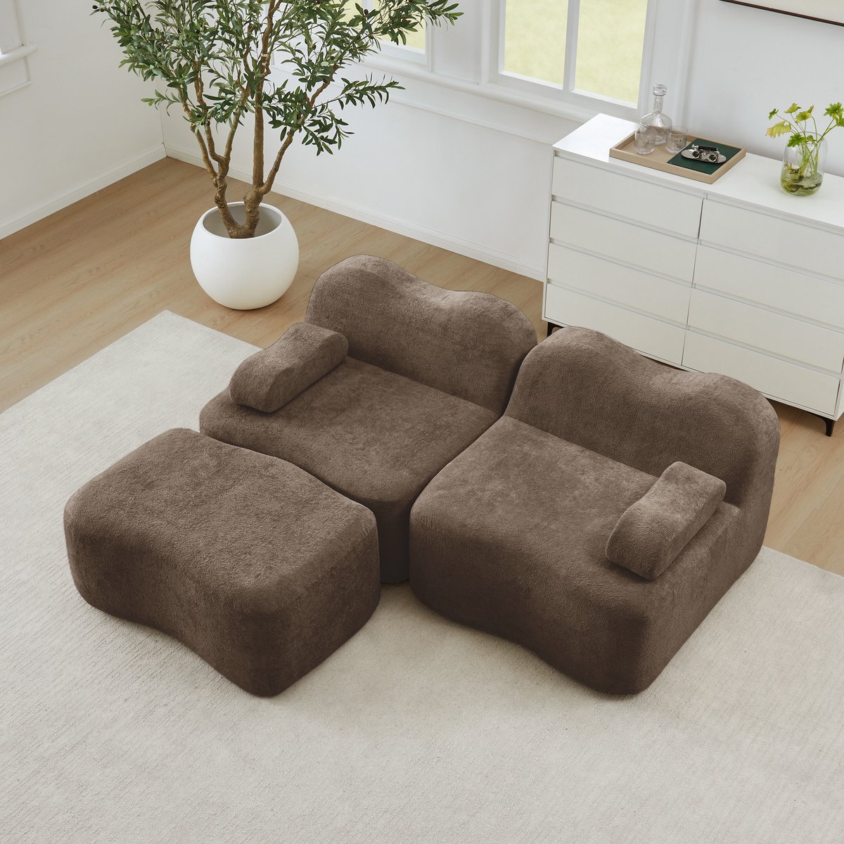 STILVORA Hoekbank Modulair 2-Zits - Met Hocker En Verplaatsbaar Armkussen - Voor Woonkamer En Appartement - Fluweel Bruin