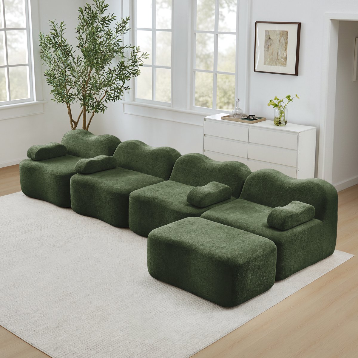 OKWISH Hoekbank 4-Zits - Modulair L-Vormig Sofa Met Ottomaan - Golvende Vorm Voor Woonkamer - Fluweel - Groen