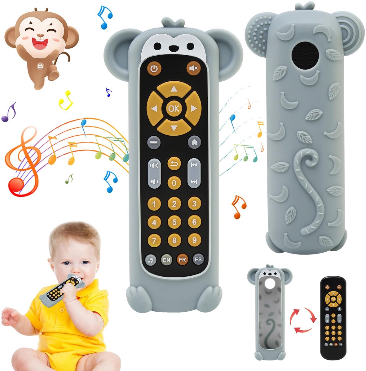 Namajunas - Baby Afstandsbediening met aap siliconen deksel - Montessori speelgoed - Sensorisch speelgoed voor pasgeborenen 6-9 maanden - Muziekspelletjes met muziek, geluid, lachlieddialoog, verschillende melodieën - jongens en meisjes - cadeau