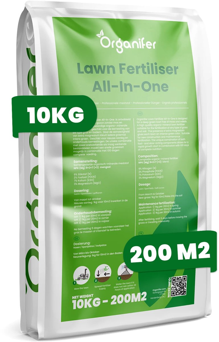 Gazonmest All-In-One (10kg, 200m2) - Voor een Diepgroen Sterk Gazon Zonder Mos en Onkruid - Gazonmeststof - Gazon Kalk - Meststof Gazon - Gras Mest - Bodemverbeteraar - Organifer