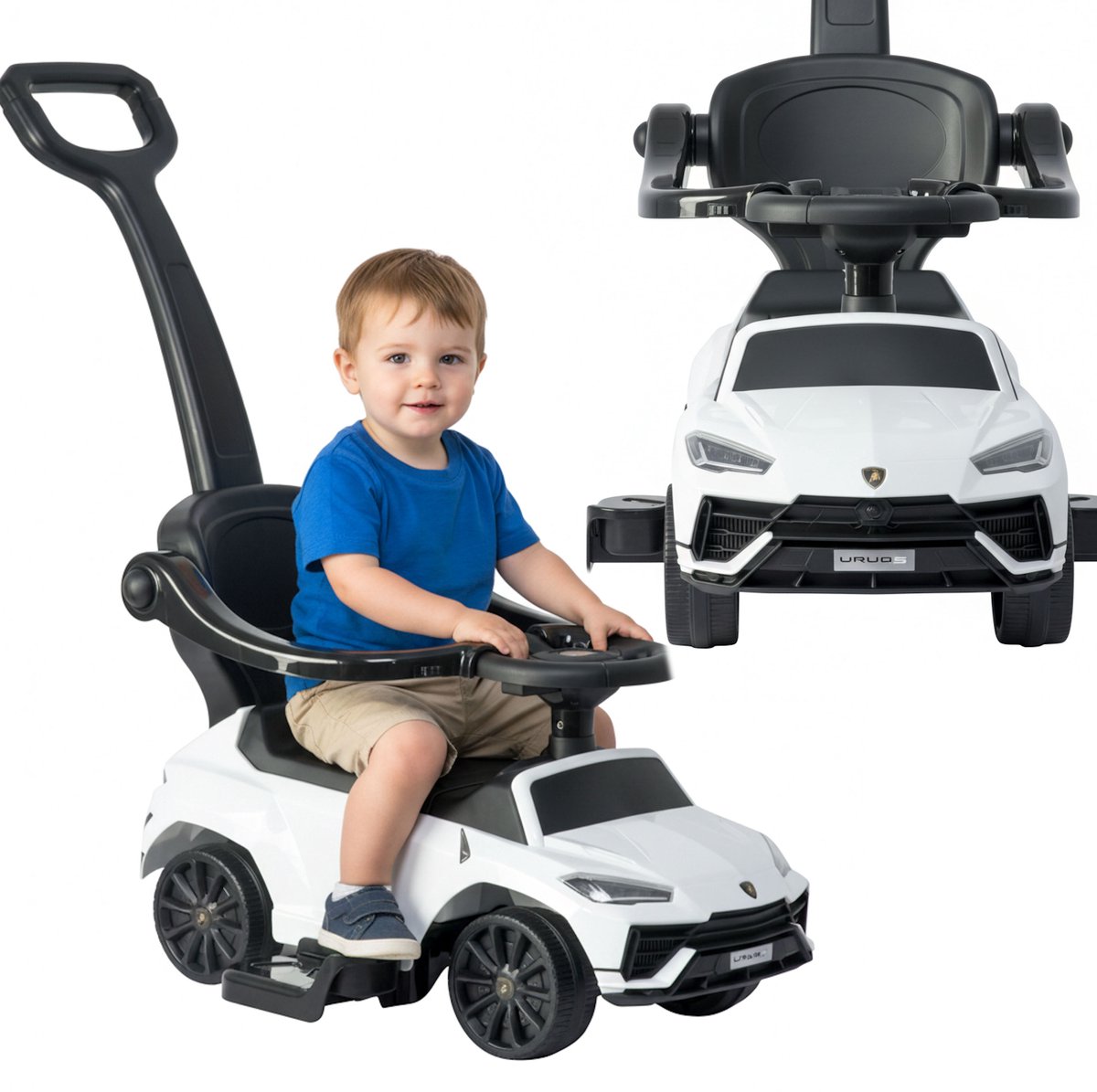 COIL Loopauto Lamborghini URUS – 3-in-1 Kinder Loopauto met Duwstang - Baby Loopwagen met Stuur - vanaf 1 jaar - Wit