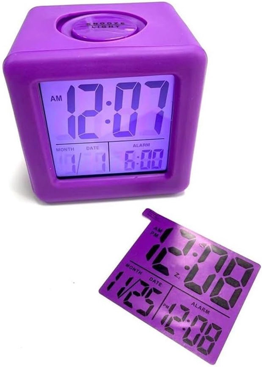 Compacte Wekker - Digitale Klok - Tijdweergave - Schokbestendige Hoes - 8 x 8 CM - Paars