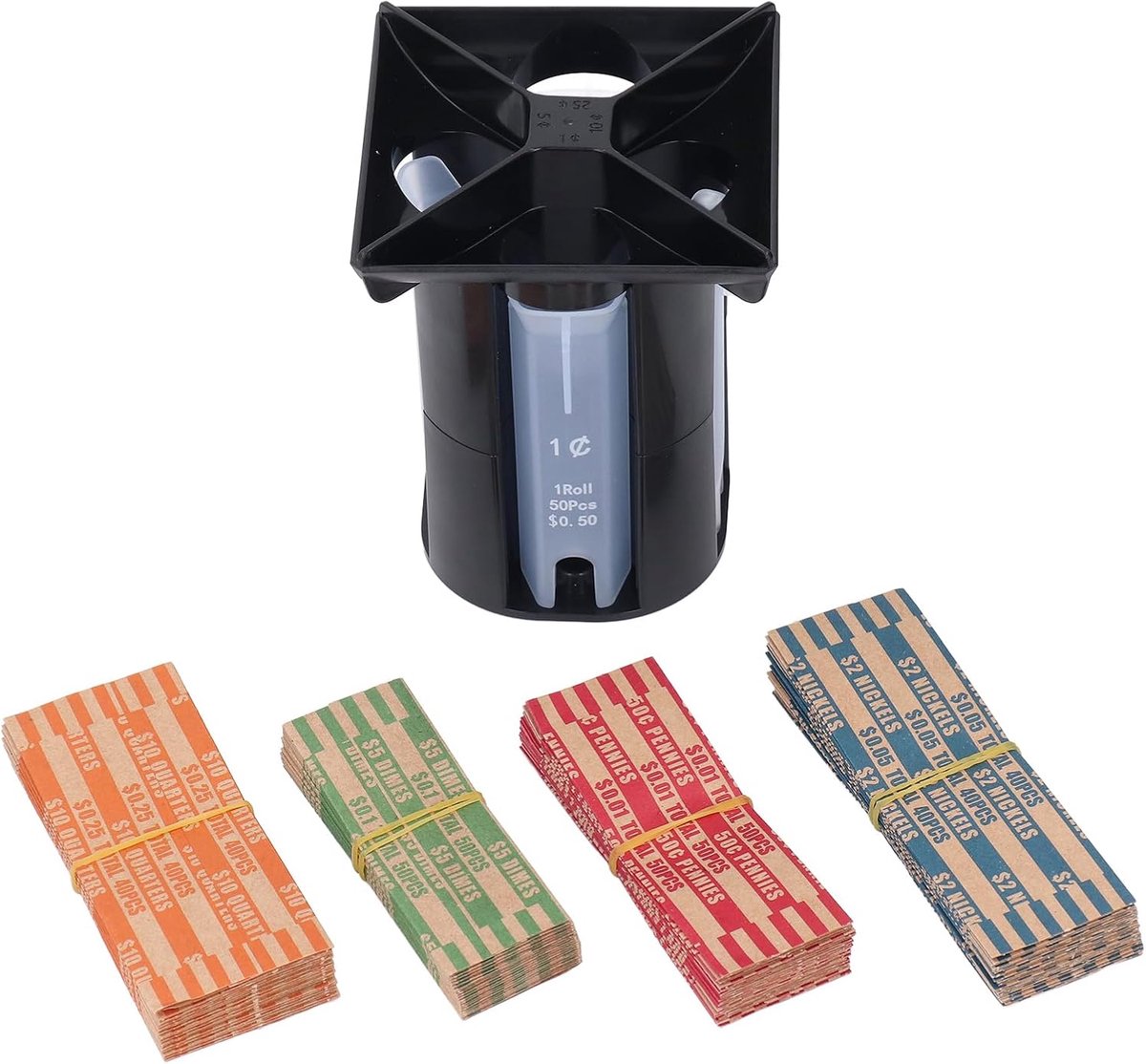 Muntsorteerder Wikkelaar - Geldteller Organizer - Kleingeld Verwerken - Efficiënte 4-in-1 Sortering - 4 Reservebuizen - Transparant