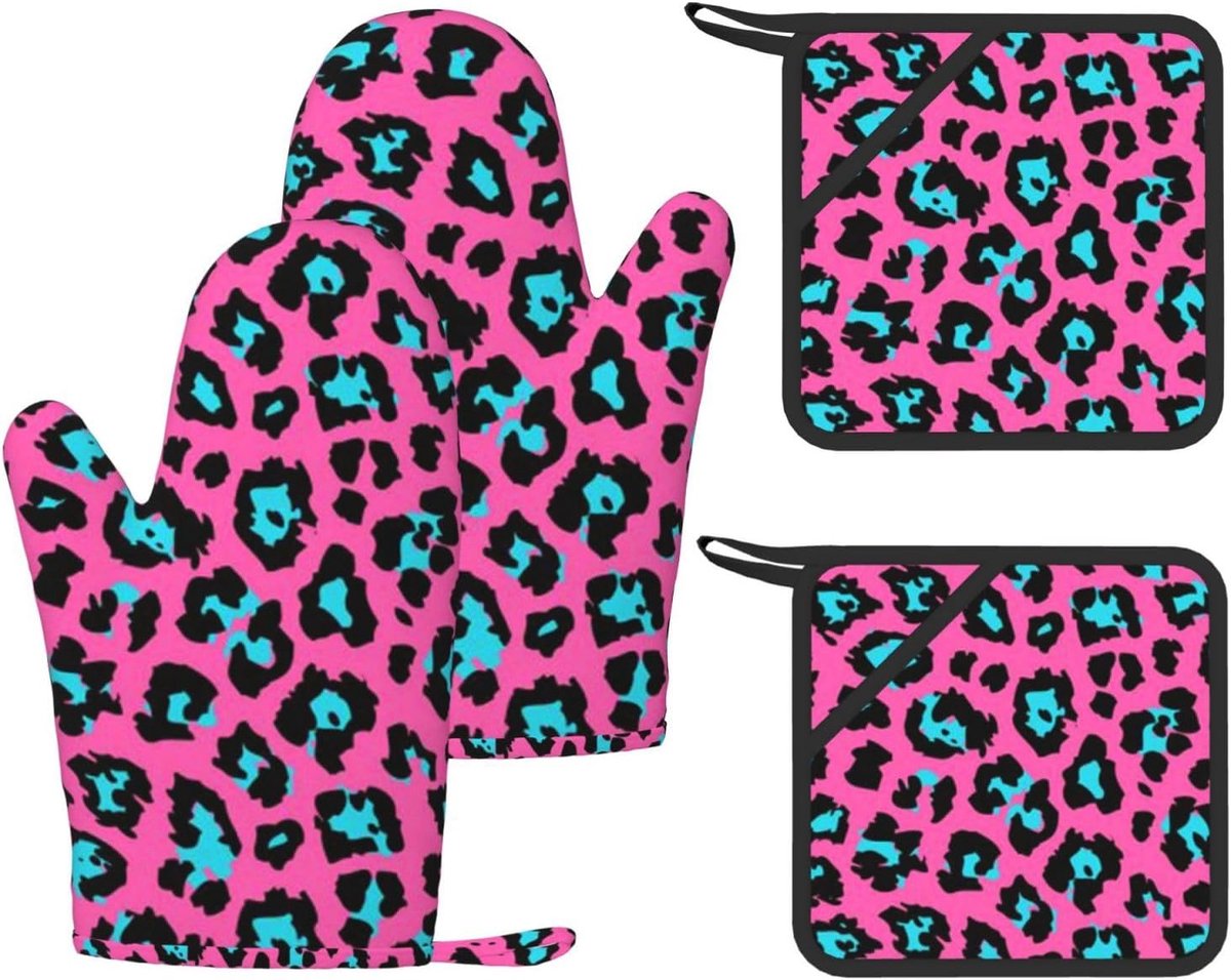 Ovenwanten Set - Hittebestendige Handschoenen - Barbecue Keuken - Silicone Grip - 4 Delig - Turkoois Luipaard