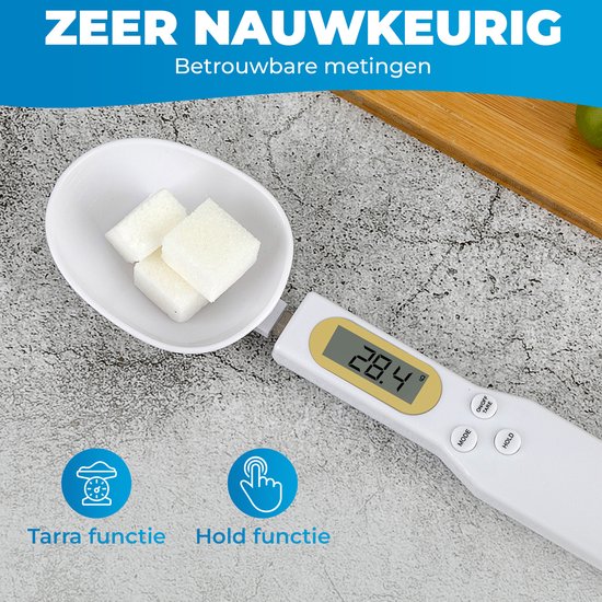 Witte lepelweegschaal met '28.4 g' op het display. De lepel bevat 3 suikerklontjes. Icons voor Tarra en Hold functie.