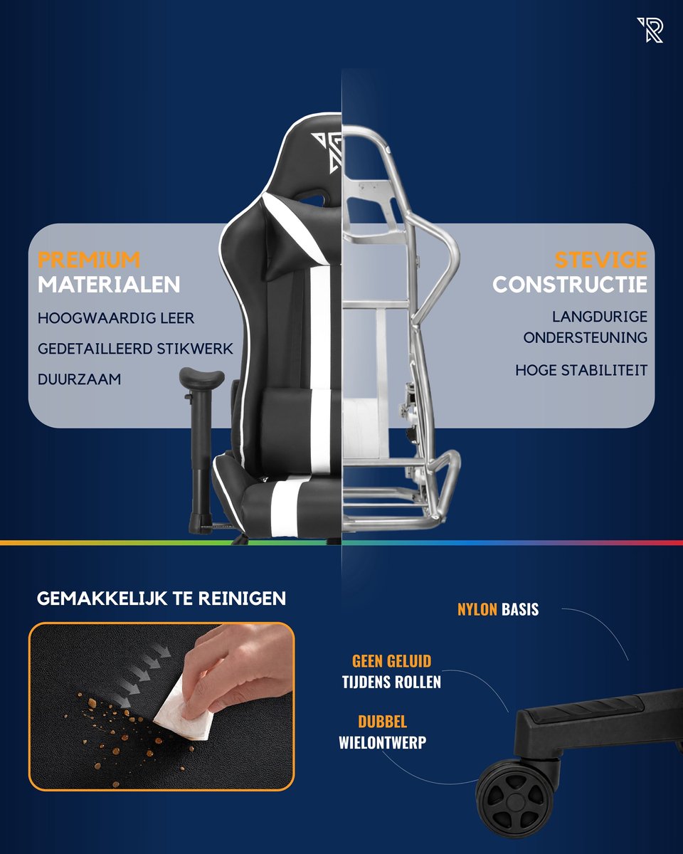 Ranqer Felix Gamestoel Ergonomisch Zwart/Wit Verstelbaar - afbeelding 2
