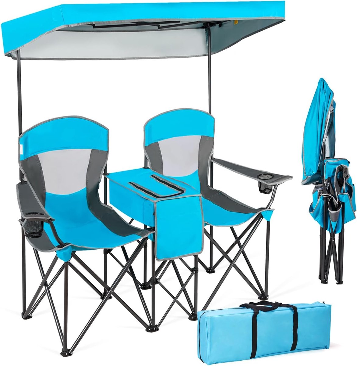KOMFOTTEU Campingstoel, inklapbaar, voor 2 personen, visstoel met verstelbaar zonnedak, strandstoel, klapstoel met zijtafel/bekerhouder, regissestoel incl. draagtas voor picknick (blauw)