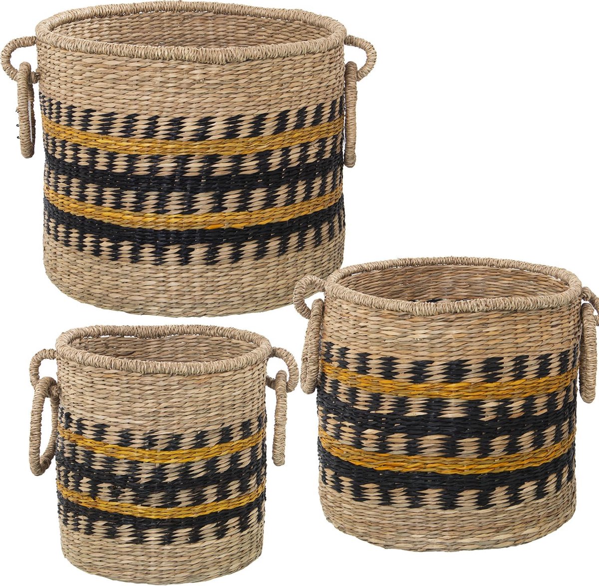 Opbergmanden Set - Natuurlijk Zeegras - Woonkamer Decoratie - Handgemaakt Uniek Design - 38x31 33x29 27x26 - Natuurlijk Zwart Geel