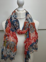 Lange dames sjaal Freeke-gebloemd motief-rood wit zwart blauw geel oranje lichtblauw grijs