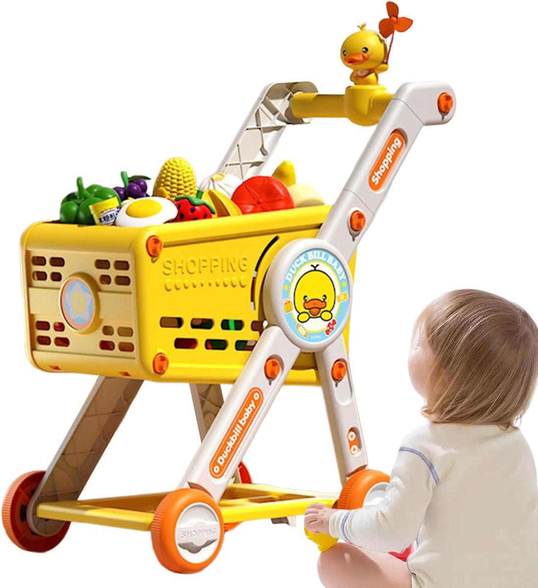 Speelgoed Winkelwagen - Boodschappentrolley Kinderen - Educatief Rollenspel - Inclusief 20 Accessoires - 28x45x65 cm - Gele Eend