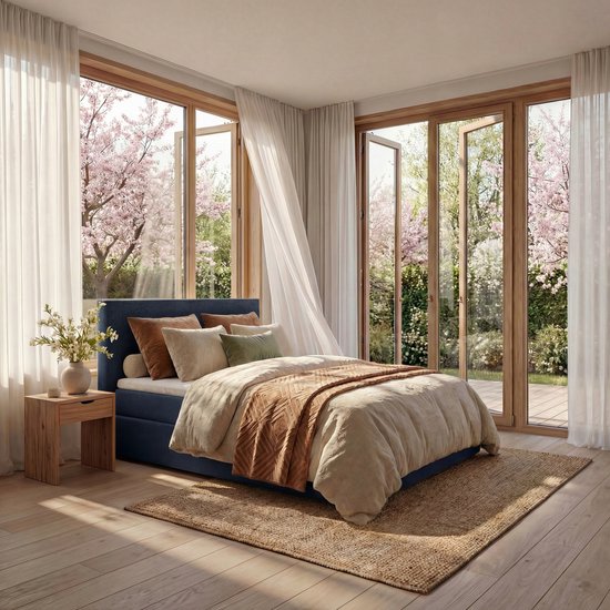 Mörgenn Boxspring Lounge - Pocketvering - Luxe Topper - Donkerblauw - 180x200 cm - Inclusief Dekbed & Kussens