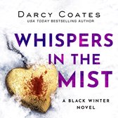 Couverture de livre avec le titre 'WHISPERS IN THE MIST' en lettres violettes. Un médaillon doré taché de sang repose dans la neige.