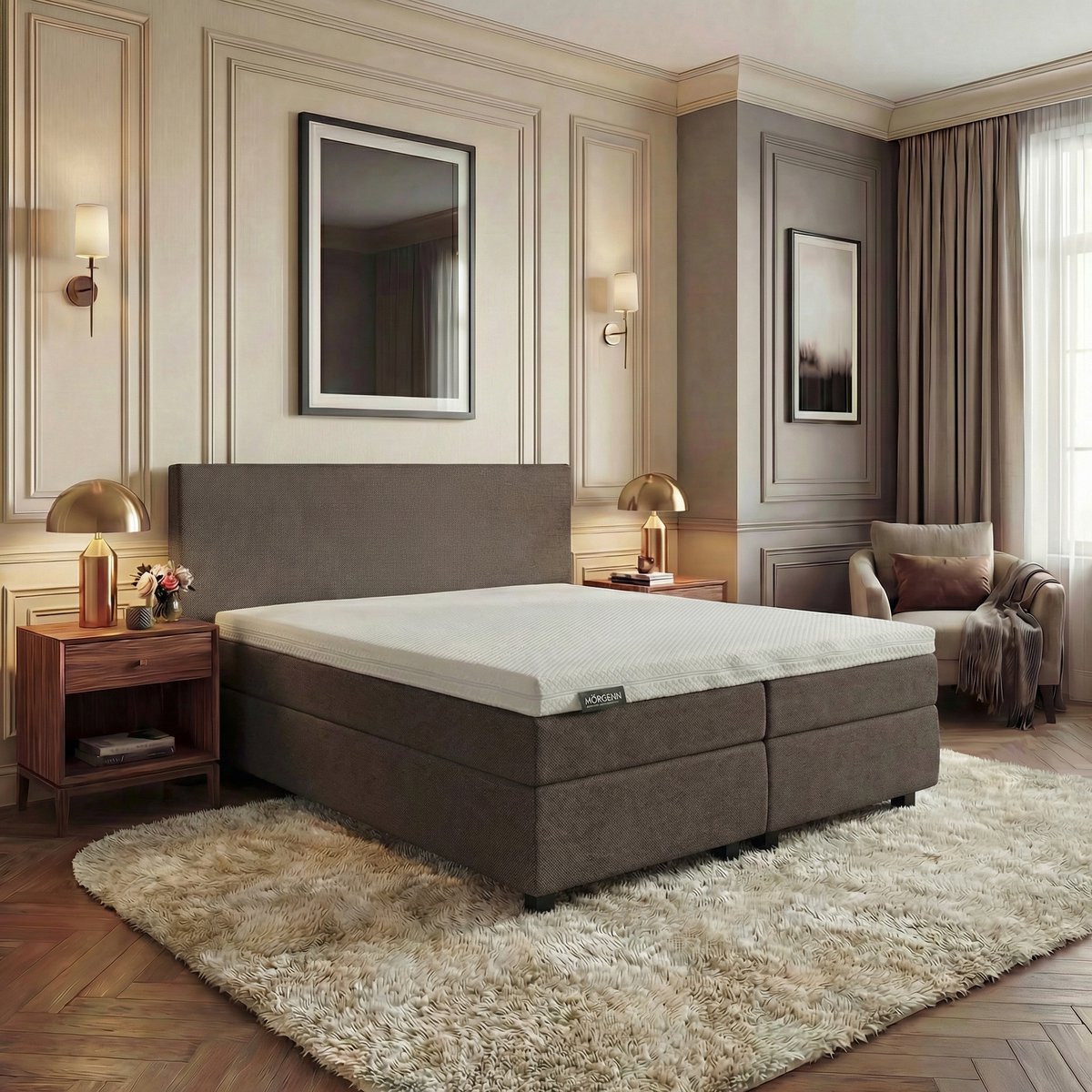 Mörgenn Hotel en B&B Boxspring - Pocketvering - Bruin - 200x200 cm - Inclusief Dekbed en Kussens