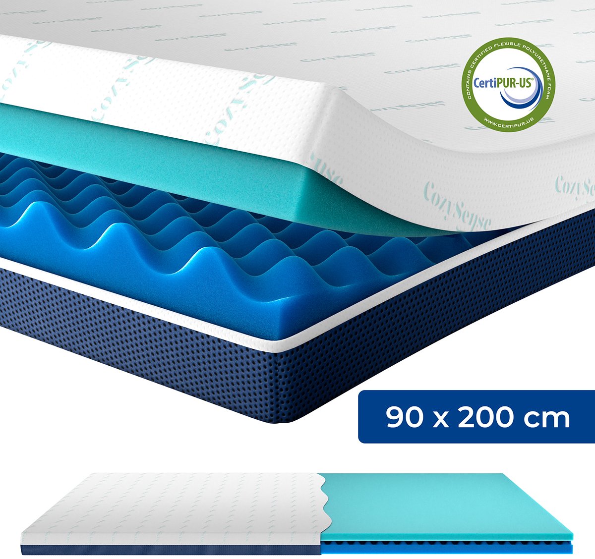 CozySense® DualFeel Topper Matras 90x200 - Verkoelende Topper met Koele & Warme Kant - Traagschuim met Gel - 7.5 cm - Wasbare Hoes - CertiPUR-US® - Stevig