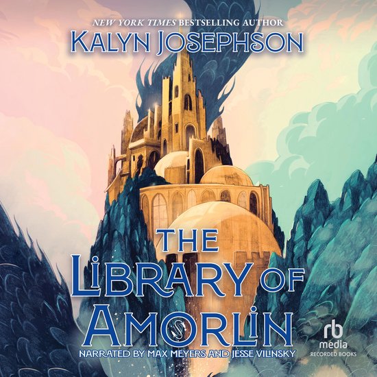 Boekcover met een kasteel op een berg, omringd door draken, met de titel 'The Library of Amorlin'.