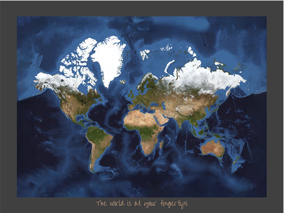 Wereldkaart 40x30 cm - Aluminium - Voelbaar 3D Reliëf - Donkergrijs - World map - World at your Fingertips - Vintage - Retro - Muurdecoratie - Wanddecoratie
