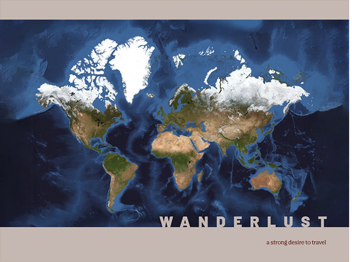 Wereldkaart 40x30 cm - Aluminium - Voelbaar 3D Reliëf - Taupe - World map - Wanderlust - Vintage - Retro - Muurdecoratie - Wanddecoratie