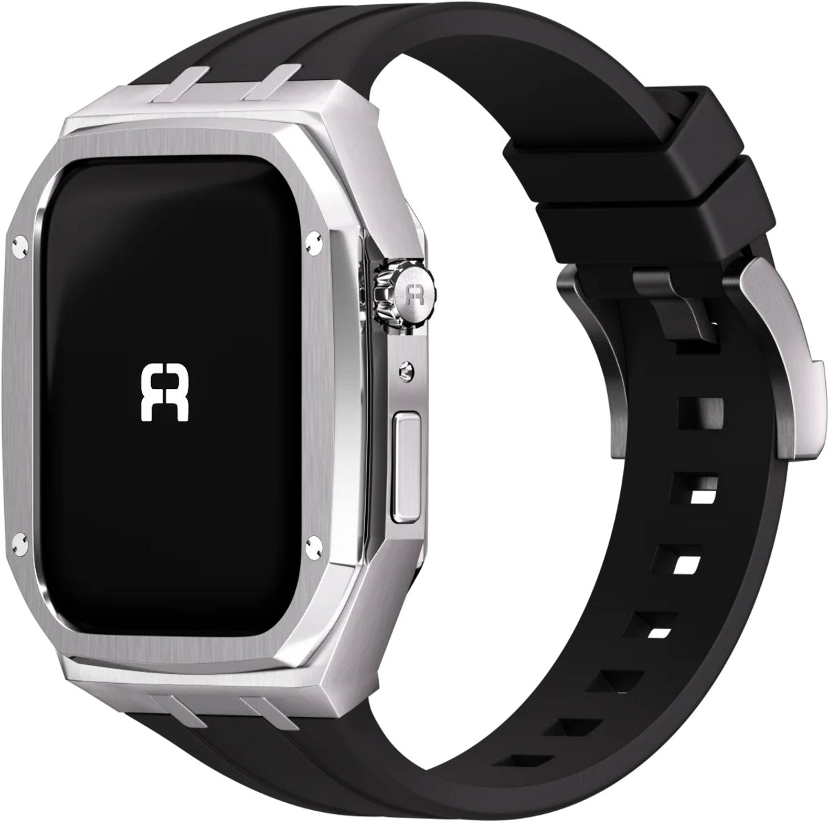 Reqior Case met rubberen bandje Metaal & Rubber – geschikt voor Apple Watch 7 45mm / Apple Watch 8 45mm / Apple Watch 9 45mm – stevig, comfortabel – Silver
