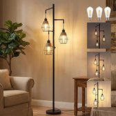 MUPOO Industrieel Vloerlamp Zwart met 3-Lichts - Staande Lamp met 3 Metalen Kappen & Henneptouw - Hoeklamp Woonkamer & Slaapkamer