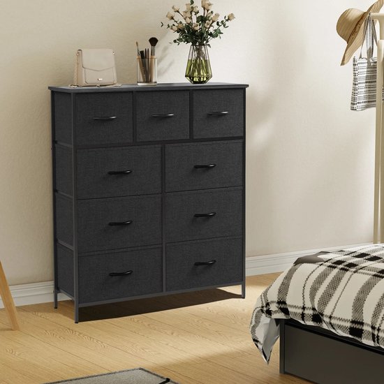 KOMFOTTEU Commode opbergkast met 3 stoffen laden, stoffen kast dressoir met metalen frame, ladekast industrieel voor slaapkamer woonkamer, vintage bruin