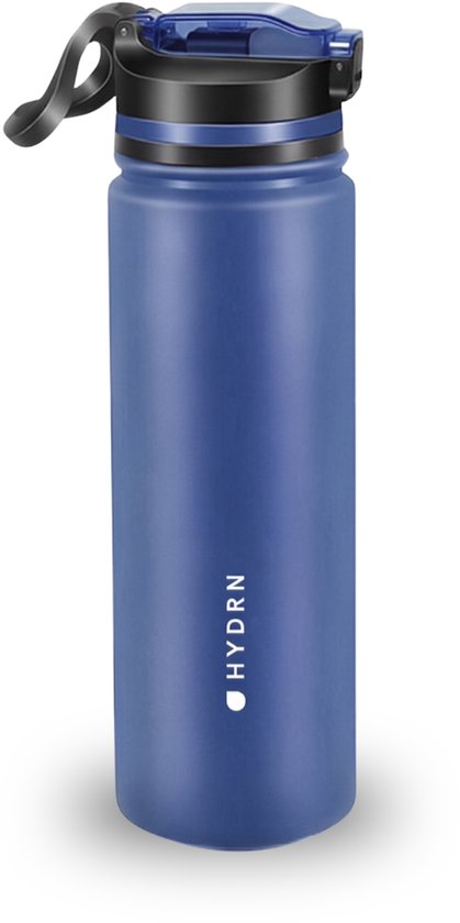 Blauwe HYDRN waterfles met openklapbare dop, geïsoleerd op witte achtergrond.