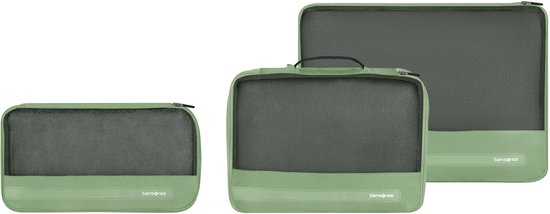 Drie lichtgroene Samsonite packing cubes, één smalle, één vierkante en één liggende.