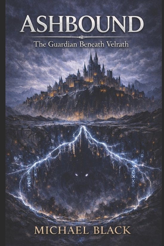 Boekomslag van 'ASHBOUND The Guardian Beneath Velrath' door Michael Black, met een duistere, stormachtige hemel boven een kasteel op een klif en een gloeiende, symbolische afgrond.