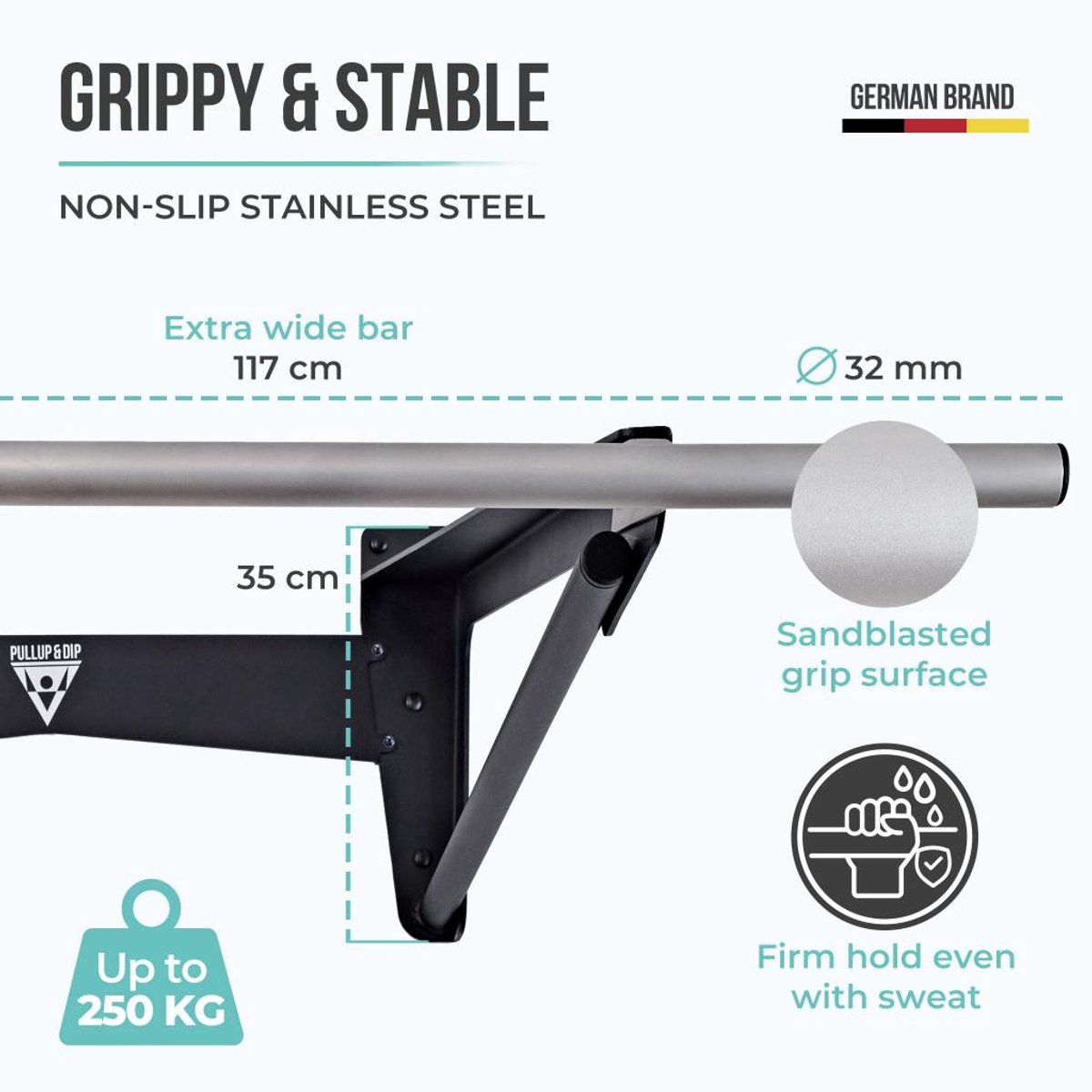 PULLUP & DIP Stainless Steel - Muscle-Up Optrekstang - Extra Muurafstand (80 cm) - Gezandstraald RVS - Belastbaar tot 250 kg thumbnail 8