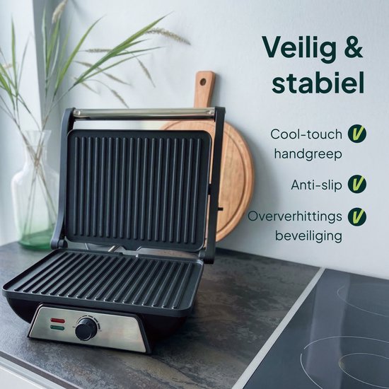 Open contactgrill met tekst "Veilig & stabiel", "Cool-touch handgreep", "Anti-slip", "Oververhittingsbeveiliging".