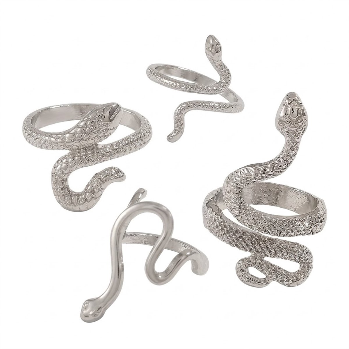 Zilverkleurige slang ring set voor dames met open verstelbaar ontwerp en reliëf structuur – decoratieve ringen met kronkelende vorm en dierenmotief – metalen ringen set als sieraden accessoire