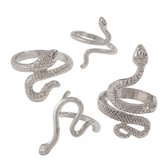 Zilverkleurige slang ring set voor dames met open verstelbaar ontwerp en reliëf structuur – decoratieve ringen met kronkelende vorm en dierenmotief – metalen ringen set als sieraden accessoire
