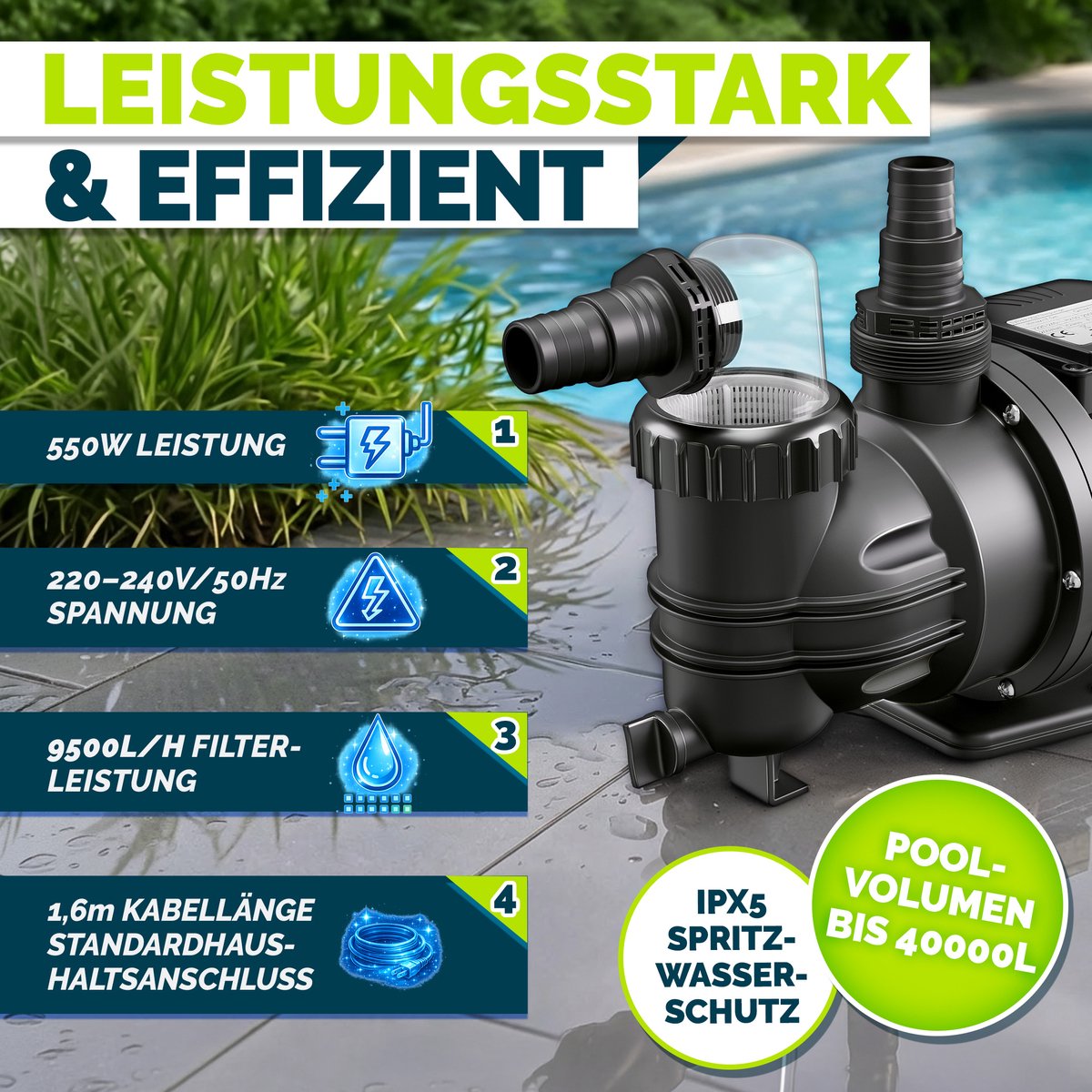 tillvex® Filterpompe Zwembad 9.500L/u & 550W | Zwembadpomp Opvoerhoogte max. 10m | Poolfilter Circulatiepomp voor 40m³ Zwembaden | Zwembadpomp Zelfinzuigend voor Opzetzwembad Spa met Voorfilter – foto 3