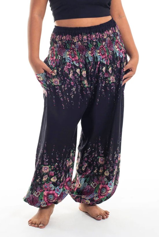 Sarouel - Pantalon de yoga - Pantalon d'été - Pour femme et homme - Large ; taille 42, 44 et 46 - Bloem noire