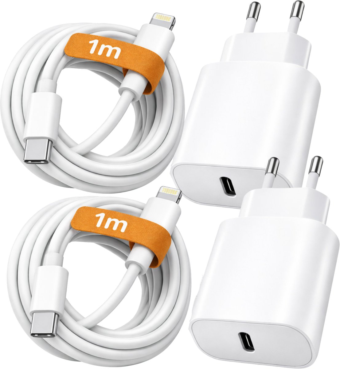 USB-C Snellader 20W Duo Set – 2x Oplader + 2x 1m Lightning Kabel – Geschikt voor iPhone 5 t/m 14 & iPad – Wit