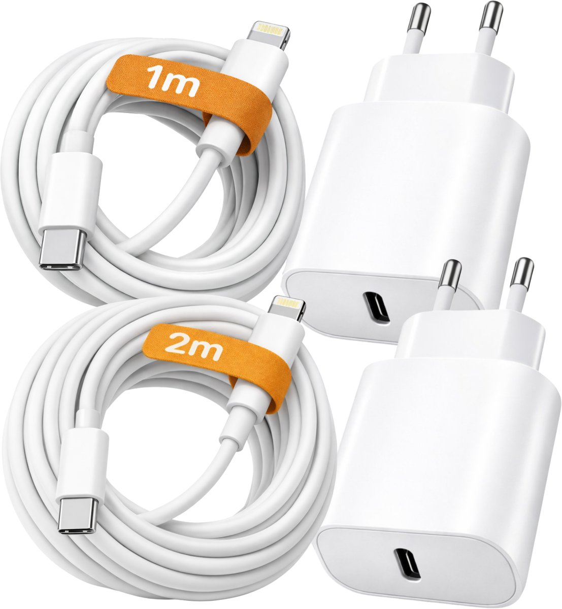 USB-C Snellader 20W Duo Set – 2x Oplader + 1m & 2m Lightning Kabel – Geschikt voor iPhone 5 t/m 14 & iPad – Wit
