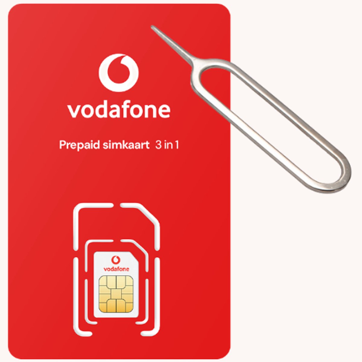 Vodafone Prepaid simkaart met 5,- beltegoed en handig pinnetje