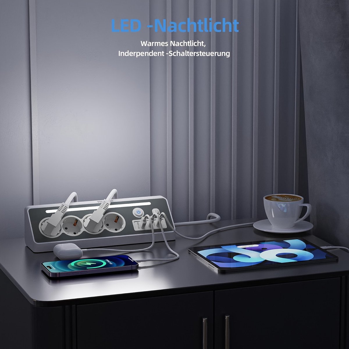 Hoek Stekkerdoos met USB-C – 7-in-1 Stopcontact – 4 Stopcontacten & 2 USB-C – Met Schakelaar en LED Indicator – Voor Bureau en Keuken
