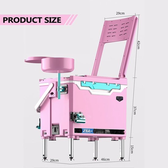 Draagbare viskist - Koelbox met stoel - Vissen en outdoor - Multifunctioneel en opvouwbaar - 26 Liter inhoud - Roze — afbeelding 2
