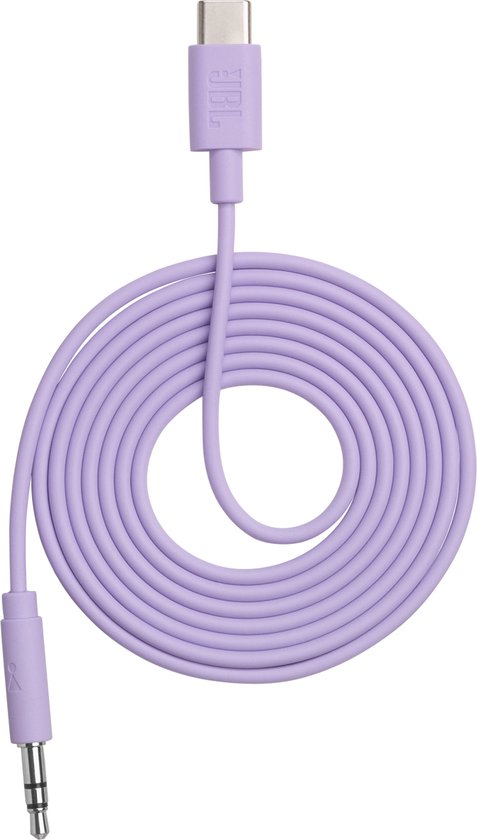 Paarse JBL audiokabel met 3.5mm jack en USB-C aansluiting.