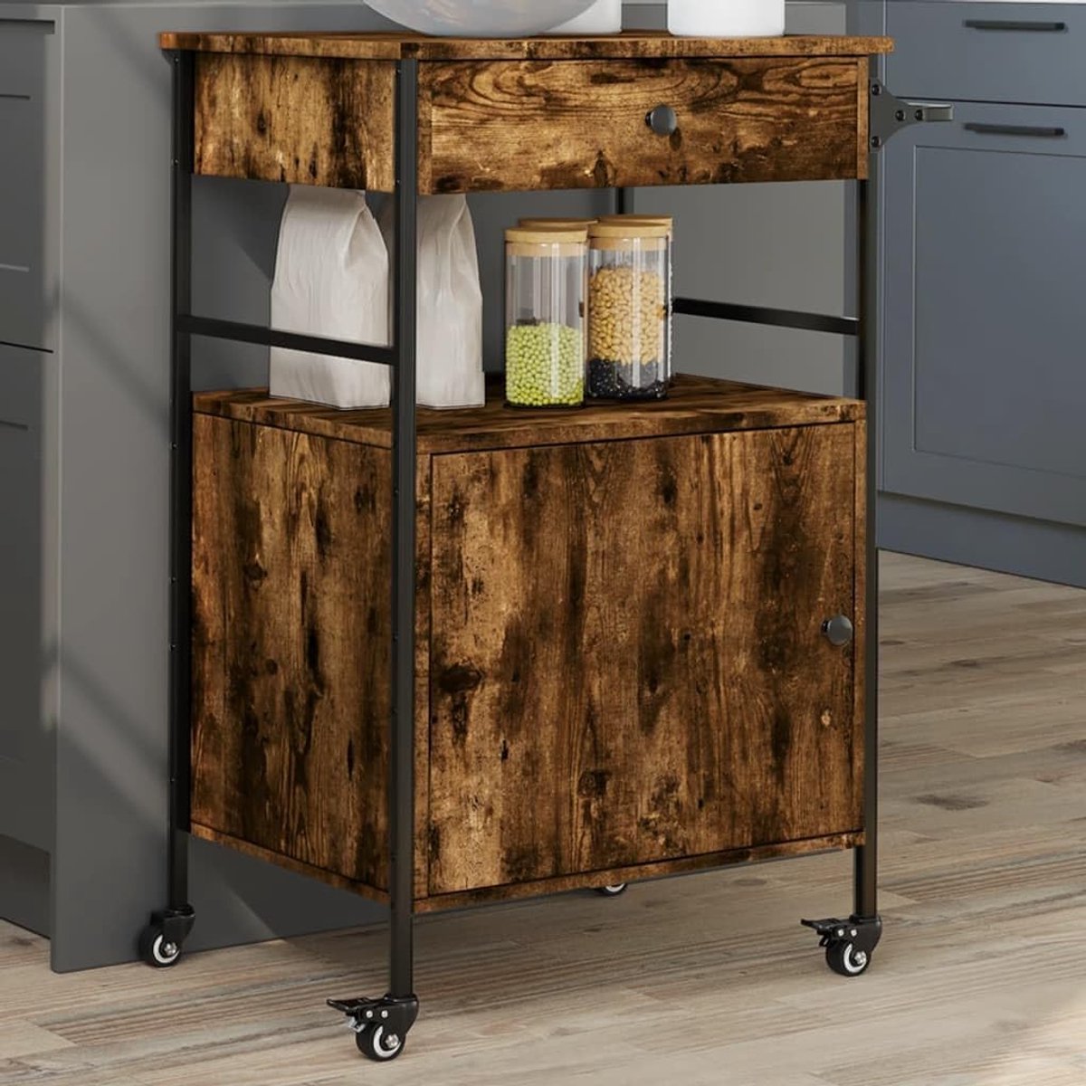 Keukenwagen - Serveertrolley - Extra Opbergruimte - Stalen Frame - 56 x 43 x 895 cm - Rookeiken