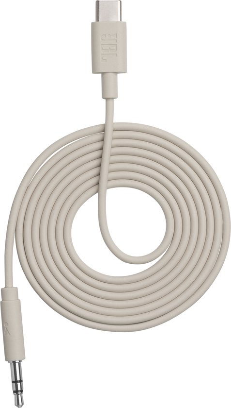 Beige opgerolde kabel met JBL logo en 3.5mm plug aan de ene kant, USB-C aan de andere.