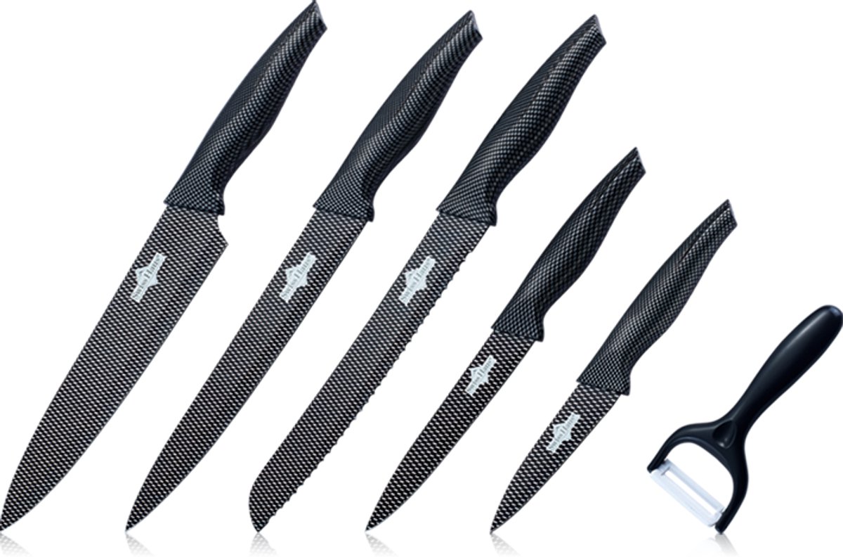 Swiss Haus® CB6 Messenset - 6 Delig Professionele Koksmessen Set met Broodmes, Koksmes, Vleesmes & Dunschiller – Antiaanbaklaag – Inclusief Geschenkdoos - Carbon/Zwart
